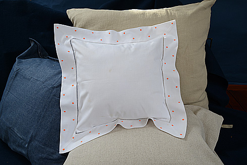 Hemstitch Square Baby Pillow 12x12" Orange color Polka Dots - Click Image to Close